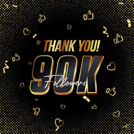 Thank you 90K followers 3d Gold and Black Font and confetti. Vector illustration 3d numbers for social media 90000 or Ninety Thousand followers, Thanks followers, blogger celebrates subscribers, likesのイラスト素材