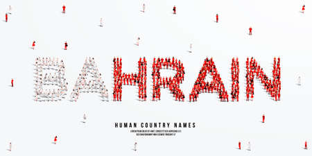 A large group of people stands, making up the word Bahrain. Bahrain flag made from people crowd. Vector illustration isolated on white background.のイラスト素材