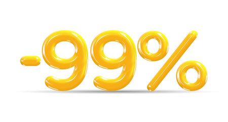 99 percent Off. Discount creative composition of golden or yellow balloons. 3d mega sale or ninety nine percent bonus symbol on white background. Sale banner and poster. Vector illustration.のイラスト素材