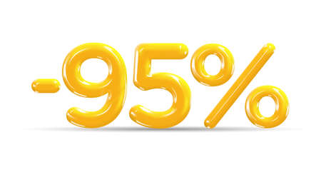 95 percent Off. Discount creative composition of golden or yellow balloons. 3d mega sale or ninety five percent bonus symbol on white background. Sale banner and poster. Vector illustration.のイラスト素材