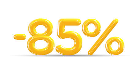 85 percent Off. Discount creative composition of golden or yellow balloons. 3d mega sale or eighty five percent bonus symbol on white background. Sale banner and poster. Vector illustration.のイラスト素材
