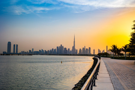 Dubai, United Arab Emirates - August 13 2021: Beautiful view of Dubai city skyscrapers or skyline along with Burj khalifa captured at Al Jaddaf, Dubai, UAE.のeditorial素材