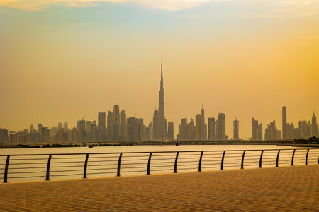 Dubai, United Arab Emirates - August 13 2021: Beautiful view of Dubai city skyscrapers or skyline along with Burj khalifa captured at Al Jaddaf, Dubai, UAE.のeditorial素材