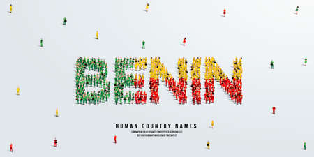 A large group of people stands, making up the word Benin. Benin flag made from people crowd. Vector illustration isolated on white background.のイラスト素材