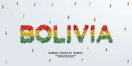 A large group of people stands, making up the word Bolivia. Bolivia flag made from people crowd. Vector illustration isolated on white background.のイラスト素材