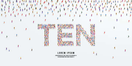 Number Ten. Large group of people form to create the word Ten or 10. Vector illustration.のイラスト素材