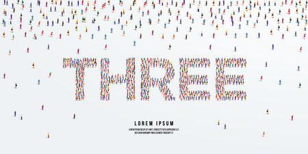 Number Three. Large group of people form to create the word Three or 3. Vector illustration.のイラスト素材