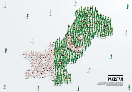 Pakistan Map and Flag. A large group of people in the Pakistani flag color form to create the map. Vector Illustration.のイラスト素材