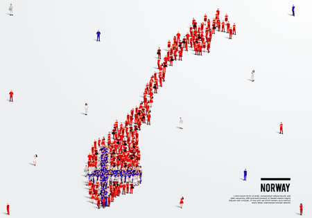 Norway Map and Flag. A large group of people in the Norwegian flag color form to create the map. Vector Illustration.のイラスト素材