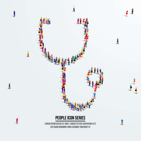 Stethoscope of doctor concept. A large group of people form to create a shape stethoscope. People icon series. Vector illustration.のイラスト素材