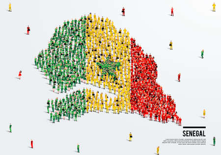 Senegal Map and Flag. A large group of people in the Senegal flag color form to create the map. Vector Illustration.のイラスト素材