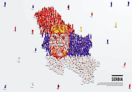 Serbia Map and Flag. A large group of people in the Serbia flag color form to create the map. Vector Illustration.のイラスト素材