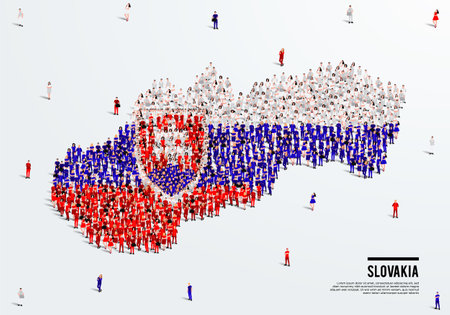 Slovakia Map and Flag. A large group of people in the Slovakia flag color form to create the map. Vector Illustration.のイラスト素材