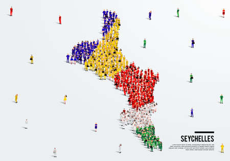 Seychelles Map and Flag. A large group of people in the Seychelles flag color form to create the map. Vector Illustration.のイラスト素材