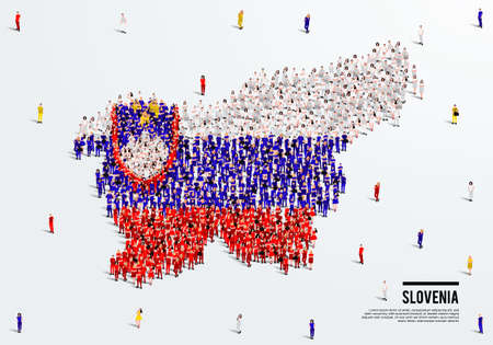 Slovenia Map and Flag. A large group of people in the Slovenia flag color form to create the map. Vector Illustration.のイラスト素材