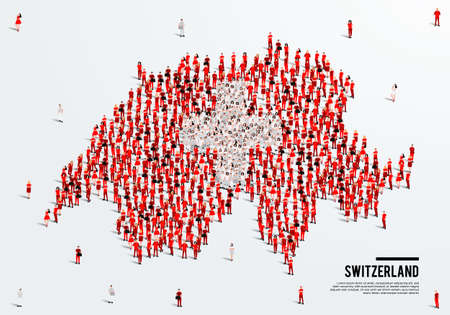 Switzerland Map and Flag. A large group of people in the swiss flag color form to create the map. Vector Illustration.のイラスト素材