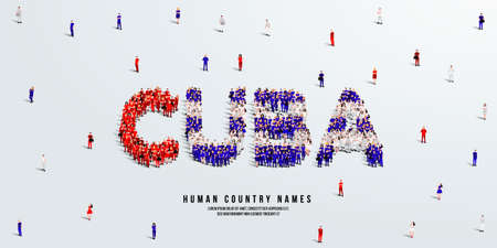 A large group of people stands, making up the word Cuba. Cuba flag made from people crowd. Vector illustration isolated on white background.のイラスト素材