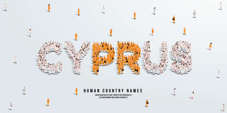 A large group of people stands, making up the word Cyprus. Cyprus flag made from people crowd. Vector illustration isolated on white background.のイラスト素材