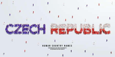 A large group of people stands, making up the word the Czech Republic. Czechia flag made from people crowd. Vector illustration isolated on white background.のイラスト素材