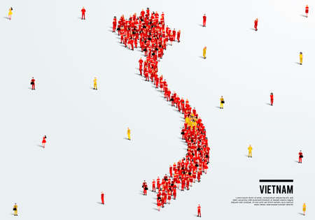 Vietnam Map and Flag. A large group of people in the Vietnam flag color form to create the map. Vector Illustration.のイラスト素材