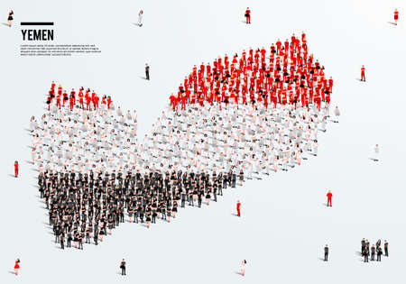 Yemen Map and Flag. A large group of people in the Yemen flag color form to create the map. Vector Illustration.のイラスト素材