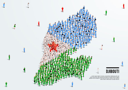 Djibouti Map and Flag. A large group of people in the Djibouti flag color form to create the map. Vector Illustration.のイラスト素材