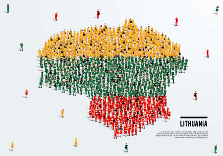 Lithuania Map and Flag. A large group of people in the Lithuania flag color form to create the map. Vector Illustration.のイラスト素材