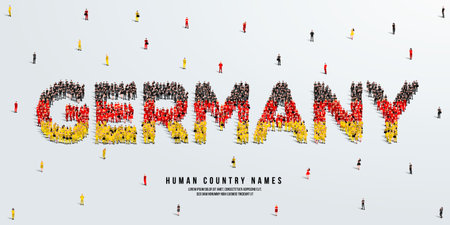 A large group of people stands, making up the word Germany. Germany flag made from people crowd. Vector illustration isolated on white background.のイラスト素材