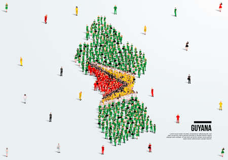 Guyana Map and Flag. A large group of people in the Guyana flag color form to create the map. Vector Illustration.のイラスト素材