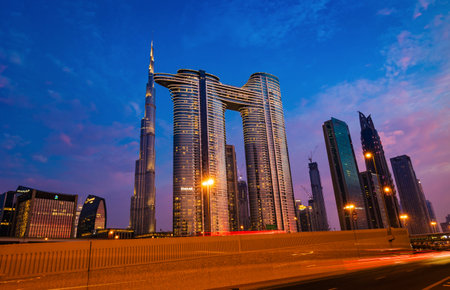Dubai, United Arab Emirates - October 2 2021: Beautiful view of Dubai city skyscrapers or skyline along with Burj khalifa captured from Sheikh Zayed Road, Dubai, UAE.のeditorial素材