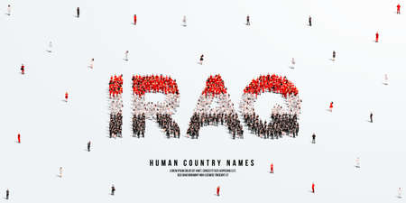 A large group of people stands, making up the word Iraq. Iraq flag made from people crowd. Vector illustration isolated on white background.のイラスト素材