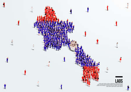 Laos Map and Flag. A large group of people in the Laos flag color form to create the map. Vector Illustration.のイラスト素材