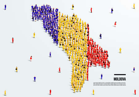Moldova Map and Flag. A large group of people in the Moldova flag color form to create the map. Vector Illustration.のイラスト素材