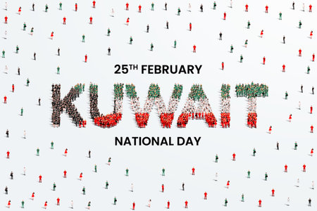 February 25 Kuwait National Day Design. A large group of people forms to create the word Kuwait as...