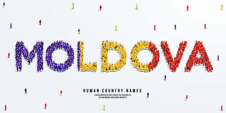 A large group of people stands, making up the word Moldova. Moldova flag made from people crowd. Vector illustration isolated on white background.のイラスト素材