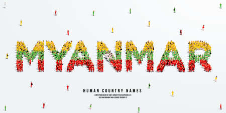 A large group of people stands, making up the word Myanmar. Burma flag made from people crowd. Vector illustration isolated on white background.のイラスト素材