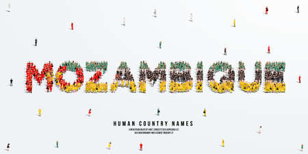 A large group of people stands, making up the word Mozambique. Mozambique flag made from people crowd. Vector illustration isolated on white background.のイラスト素材