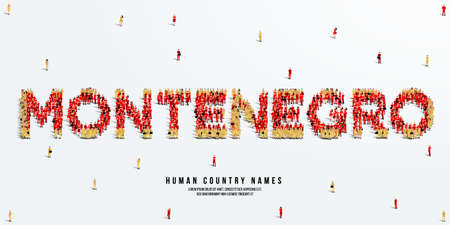 A large group of people stands, making up the word Montenegro. Montenegro flag made from people crowd. Vector illustration isolated on white background.のイラスト素材