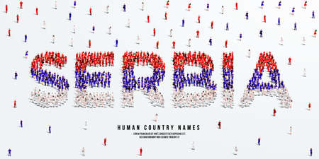 A large group of people stands, making up the word Serbia. Serbia flag made from people crowd. Vector illustration isolated on white background.のイラスト素材