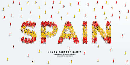 A large group of people stands, making up the word Spain. Spain flag made from people crowd. Vector illustration isolated on white background.のイラスト素材