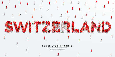 A large group of people stands, making up the word Switzerland. Switzerland flag made from people crowd. Vector illustration isolated on white background.のイラスト素材