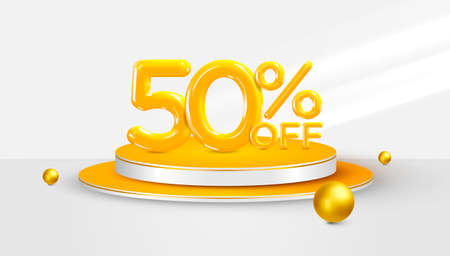 50 percent Off. 3d fifty percent bonus symbol on a podium stage. Sale banner or poster design. Vector illustration.のイラスト素材