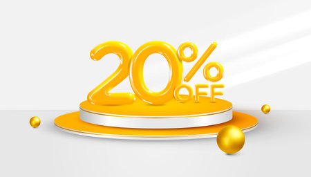 20 percent Off. 3d Twenty percent bonus symbol on a podium stage. Sale banner or poster design. Vector illustration.のイラスト素材