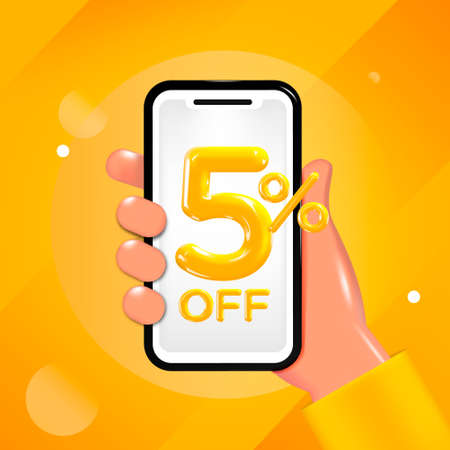 5 or five percent off design. Hand holding a mobile phone with an offer message. Special discount promotion, sale poster template. Vector illustrationのイラスト素材