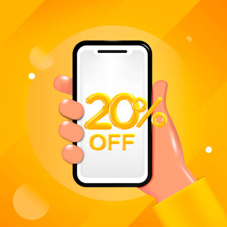 20 or Twenty percent off design. Hand holding a mobile phone with an offer message. Special discount promotion, sale poster template. Vector illustrationのイラスト素材