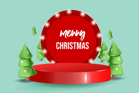 Merry Christmas Podium with Xmas tree for product display. 3D vectorのイラスト素材