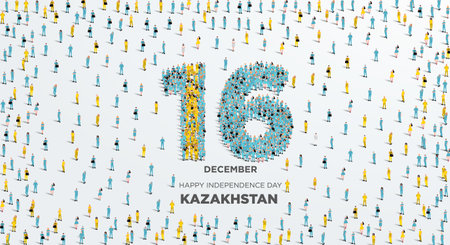 Happy Independence Day Kazakhstan. A large group of people form to create number 16 as Kazakhstan celebrates itâs Independence Day on the 16th December. Vector illustration.のイラスト素材