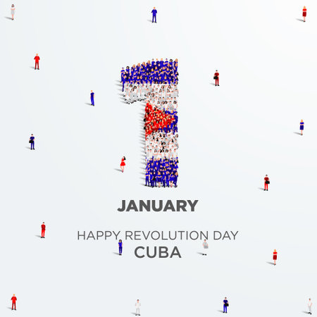 Happy Revolution Day Cuba design. A large group of people form to create the number 1 as Cuba celebrates its Revolution Day on the 1st of January. Vector illustration.のイラスト素材