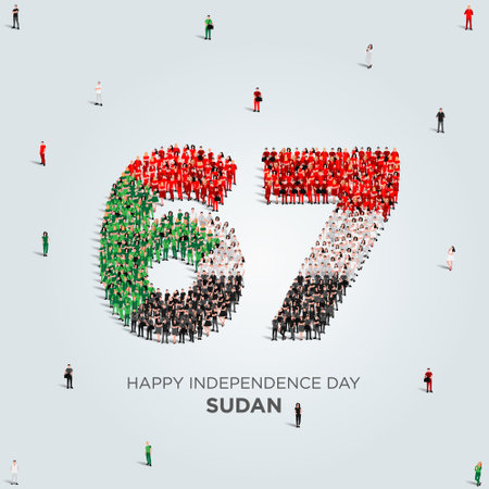 Happy Independence Day Sudan Design. A large group of people form to create the number 67 as Sudan celebrates its 67th Independence Day on the 1st of January.のイラスト素材