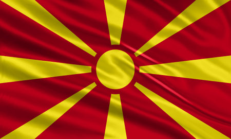 Macedonia flag design. Waving North Macedonia flag made of satin or silk fabric. Vector Illustration.のイラスト素材